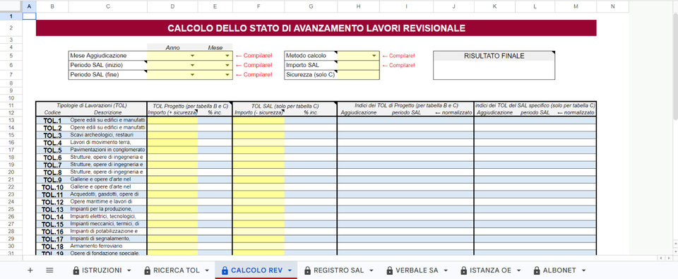 Foglio CALCOLO REV di Revisione-LLPP con i campi del SAL e la tabella delle venti TOL