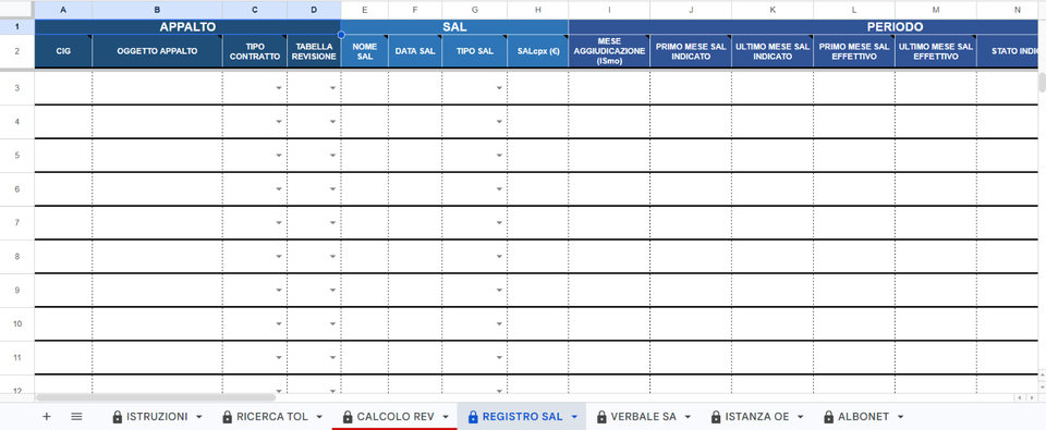 Foglio REGISTRO SAL con le colonne appalto, SAL e periodo