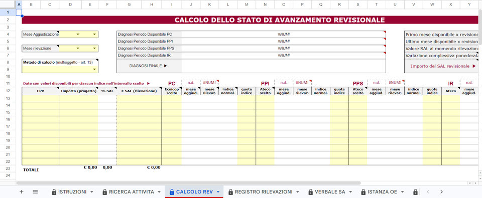 Foglio CALCOLO REV di Revisione-SSFF con CPV, importi e indici PC, PPI, PPS e IR