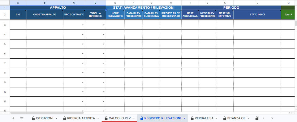 Foglio REGISTRO RILEVAZIONI con appalto, rilevazioni e periodo